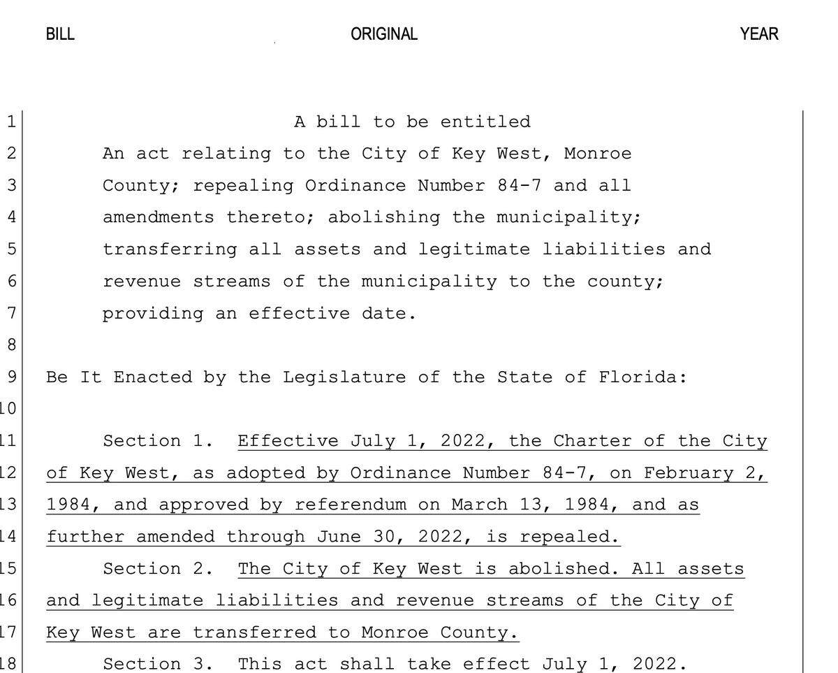 This unsigned document typed to resemble the draft of a bill to “abolish” the city of Key West surfaced this week.