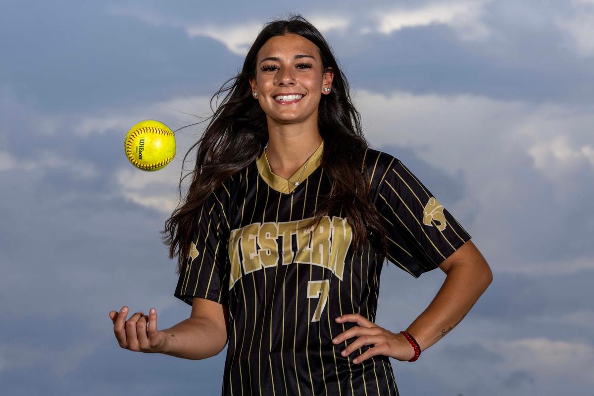 Western Softball player Ali Solo poses for a portrait at Brian Piccolo Sports Park & Velodrome on Wednesday, May 28, 2025, in Cooper City, Fla.