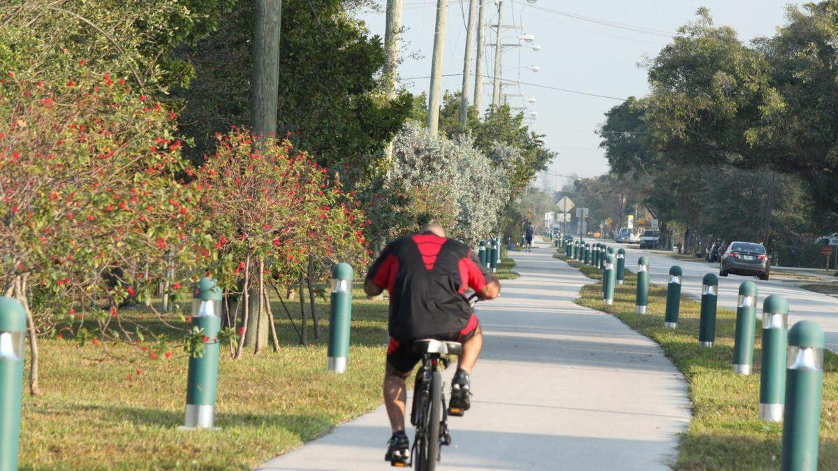 A man rides his bicycle along Miami Springs’ Ludlam Drive bike path.