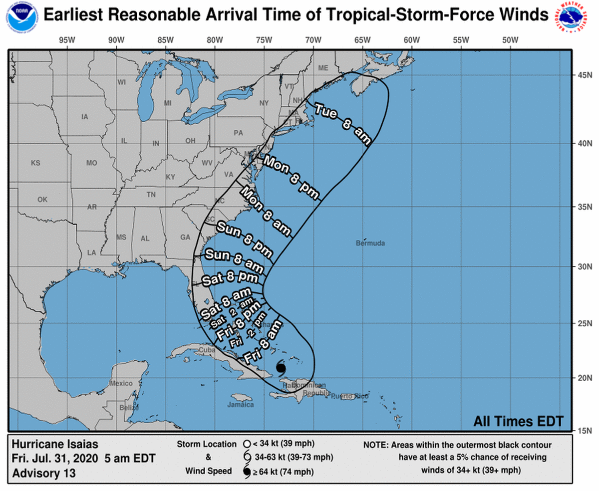 Arrival time of tropical storm-force winds in Florida, released on July 31, 2020.