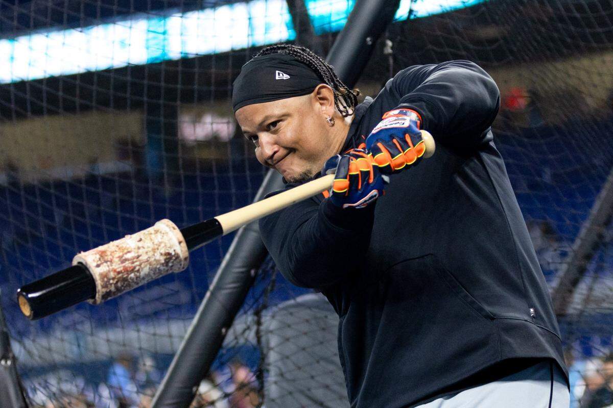 Detroit Tigers designated hitter takes a practice swing during batting practice before an MLB game against the Miami Marlins at loanDepot park in the Little Havana neighborhood of Miami, Florida, on Friday, July 28, 2023.