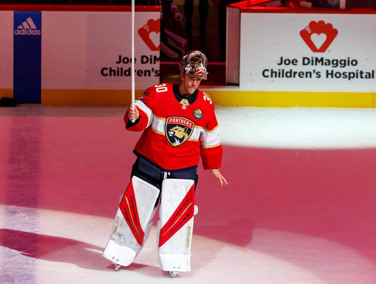 Florida Panthers goaltender Spencer Knight (30) skates after he’s honored as the first star of the game after the 3-0 win over Carolina Hurricanes during an NHL game at FLA Live Arena on Wednesday, November 9, 2022 in Sunrise, Fl.