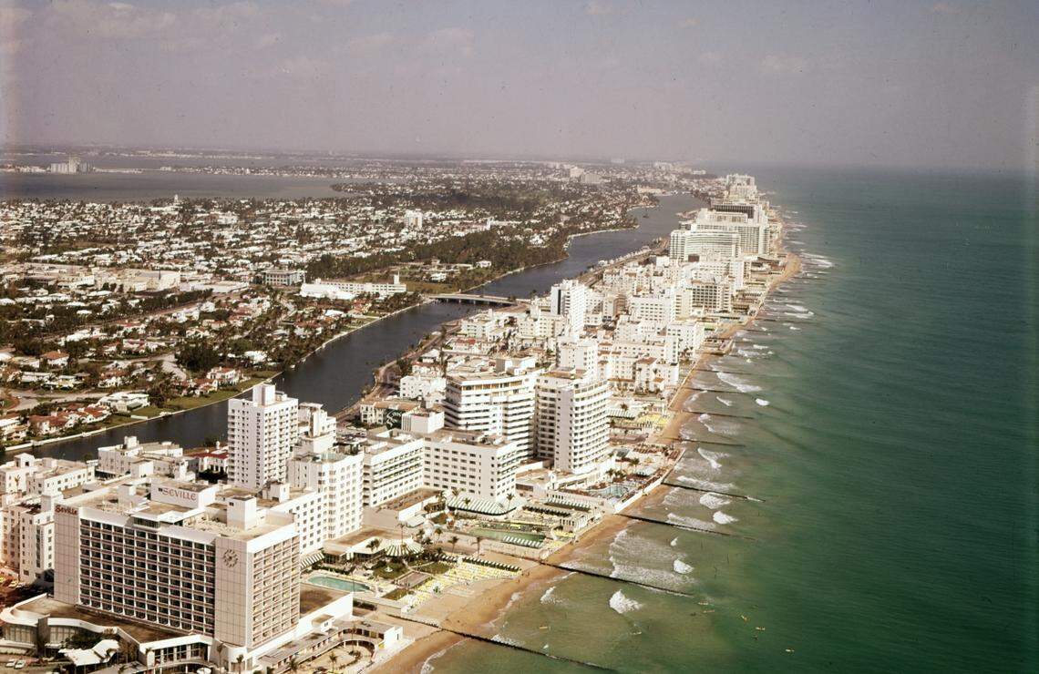 The grand hotels that made Miami Beach so famous, shown here in an aerial view in 1966, were a faction of the height of the towers that been erected in Sunny Isles Beach since the early 2000s. The iconic Fontainebleau, for example, is 11 stories. Many Sunny Isles high-rises are 40 stories or more.    