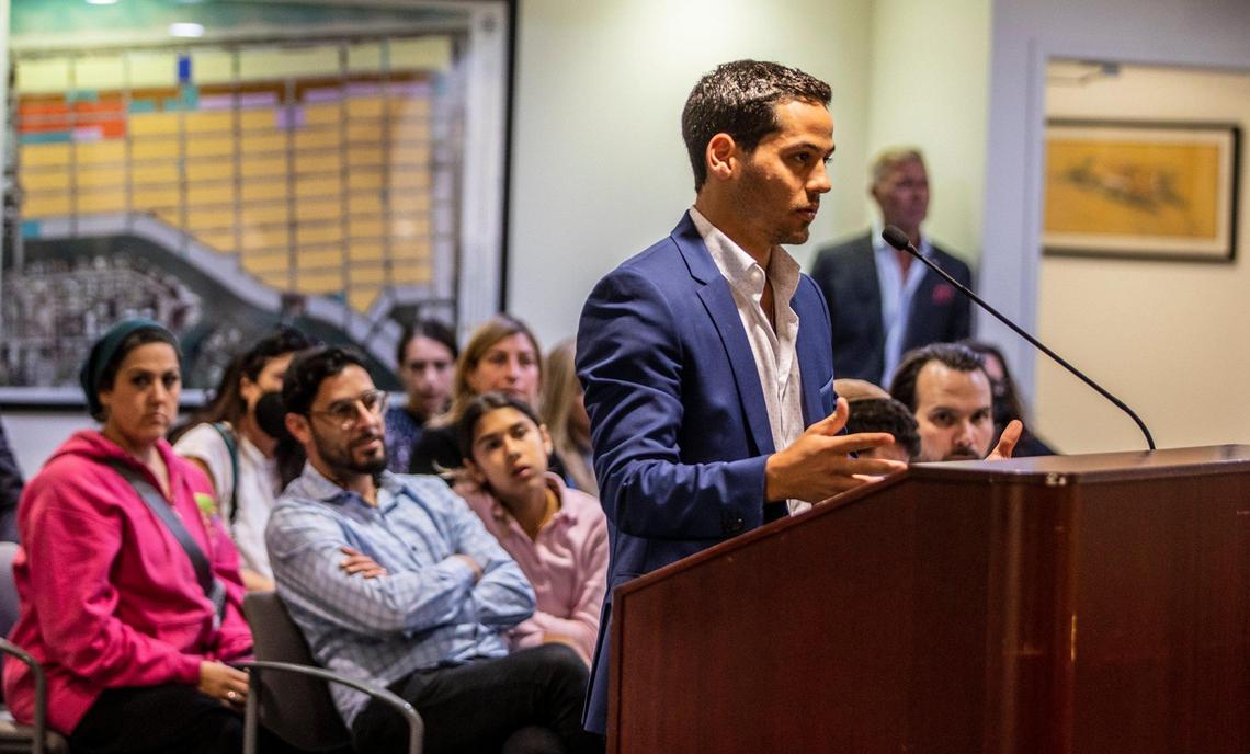 Martin Langesfeld, whose sister and brother-in-law died in the Champlain Towers South condo collapse, spoke during a Surfside commission meeting in March. He was among a group of victims’ families arguing to Judge Michael Hanzman that surviving condo owners were partially liable for the collapse and should not collect from the $1 billion wrongful death settlement.