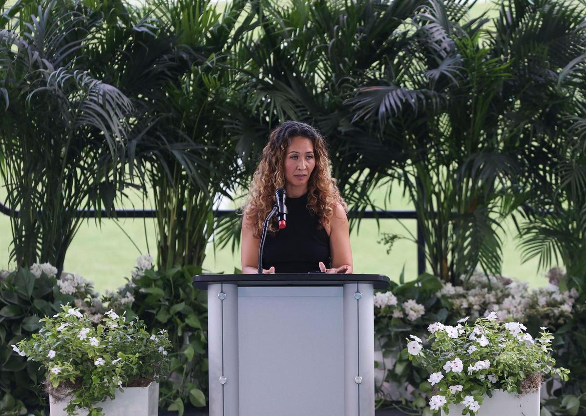 Elizabeth Jenkins, wife of Jason Jenkins, speaks during his Celebration of Life on Monday, Sept. 5, 2022, at the Hard Rock Stadium in Miami Gardens.