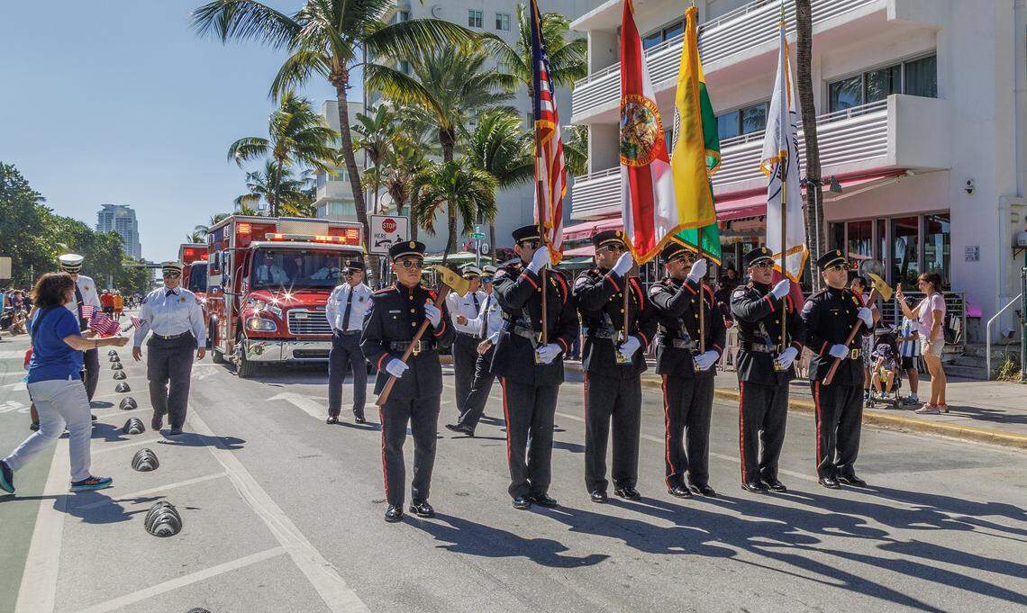 The Miami Beach Fire Department Honor Guard marches in the Miami Beach Veterans Day parade on Nov. 11, 2023.