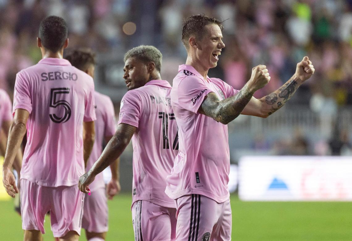 Inter Miami midfielder Robert Taylor (16) celebrates after scoring a goal against Atlanta United in the first half of their Leagues Cup group stage match at DRV PNK Stadium on Tuesday, July 25, 2023, in Fort Lauderdale, Fla.