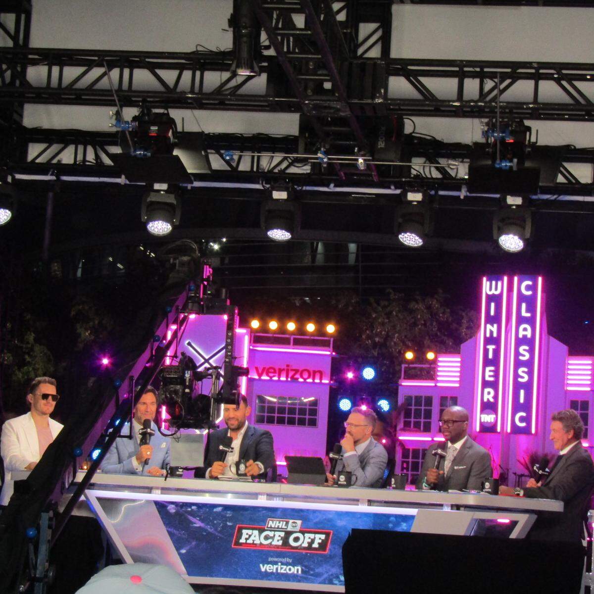 From left, Florida Panthers star Matthew Tkachuk with the “NHL on TNT” broadcast team (Henrik Lundqvist, Paul Bissonnette, host Liam McHugh, Anson Carter, and “The Great One” Wayne Gretzky) during the fanfest.