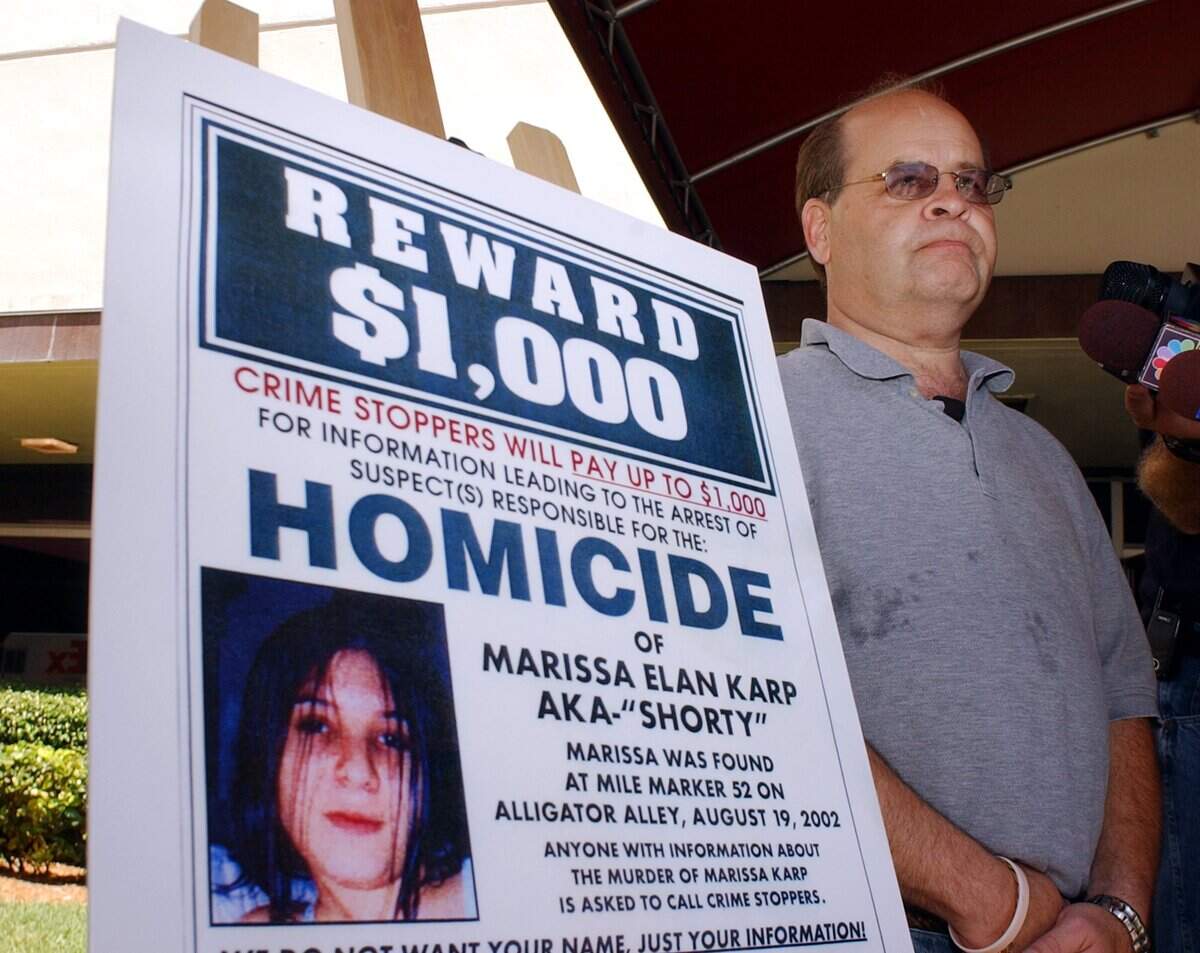 Gary Karp, outside the Broward County Courthouse in Fort Lauderdale, Fl., held a news conference to mark the anniversary of the murder of his daughter, Marissa, in 2002. This was in 2005.