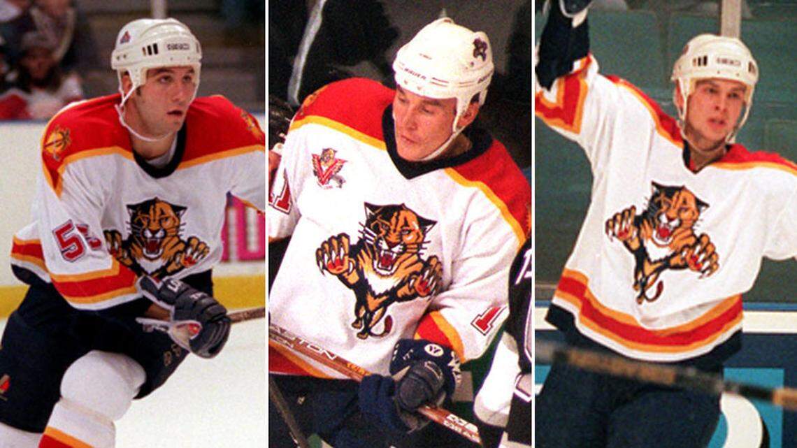 Ed Jovanovski, left, Bill Lindsay, center, and Stu Barnes were all key contributors in the Florida Panthers’ run to the Stanley Cup Final in 1996 where they lost to the Colorado Avalanche.