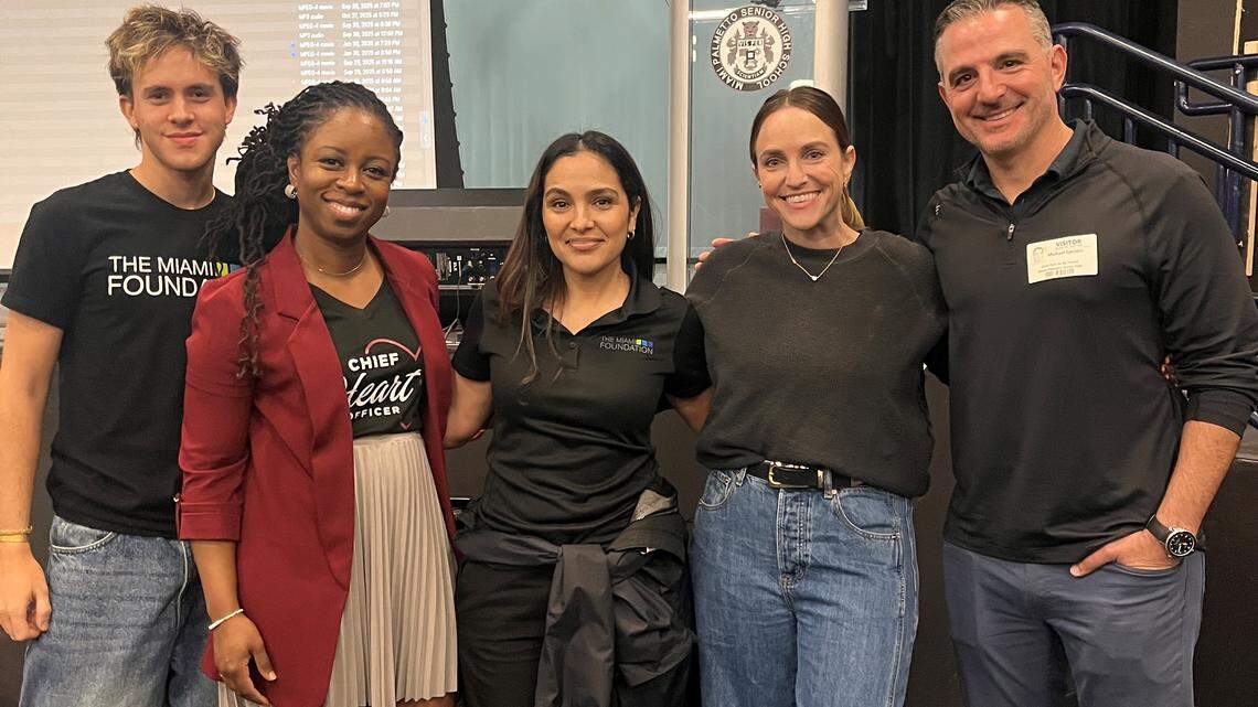 Miami Palmetto Senior High School held a scholarship workshop with Reach for the Stars Scholarship fundholders. Pictured are Nelson Barreto, student engagement intern at The Miami Foundation; Michelle Shirley, CEO of Be Strong International; Stephanie Silva, scholarships manager at The Miami Foundation; Jamie Kolnick, Reach for the Stars Scholarship fundholder; and Michael Epstein, Reach for the Stars Scholarship fundholder. Miami Palmetto Senior High School held a scholarship workshop with Reach for the Stars Scholarship fundholders. Pictured are Nelson Barreto, student engagement intern at The Miami Foundation; Michelle Shirley, CEO of Be Strong International; Stephanie Silva, scholarships manager at The Miami Foundation; Jamie Kolnick, Reach for the Stars Scholarship fundholder; and Michael Epstein, Reach for the Stars Scholarship fundholder.