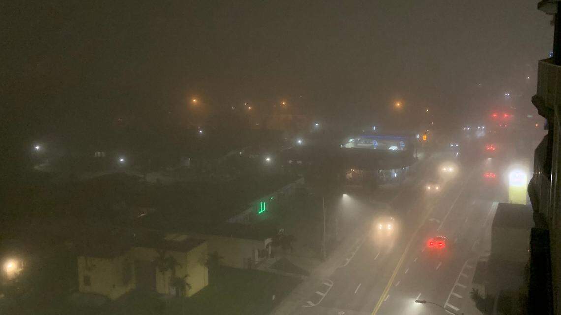Fog has rolled in at Northwest Seventh Street near State Road 836 in Miami.