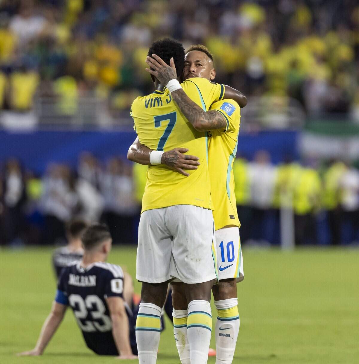 Brazil forward Neymar (10) and forward Vinícius Júnior (7) celebrate after they defeated Scotland in their World Cup Group C soccer match at Hard Rock Stadium (Miami Stadium) on Wednesday, June 24, 2026, in Miami Gardens, Fla.