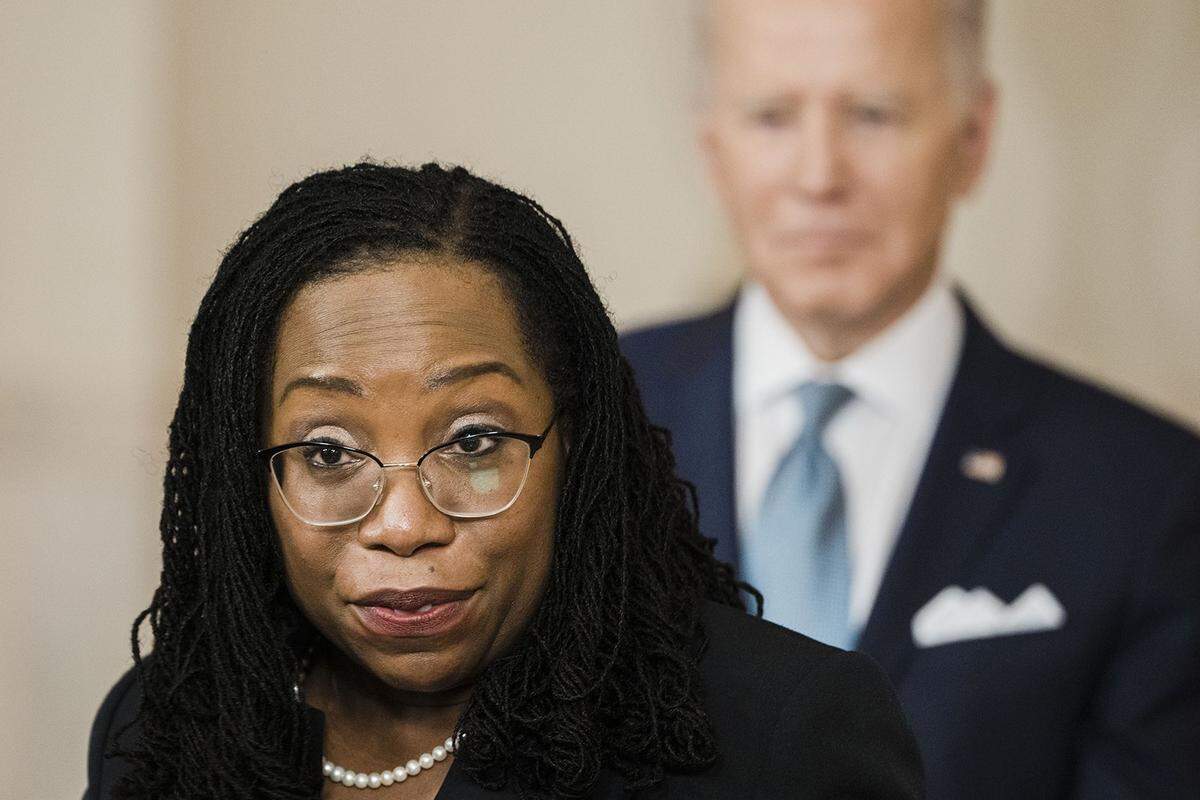 Judge Ketanji Brown Jackson delivers remarks on her nomination by President Joe Biden to serve as Associate Justice of the United States Supreme Court from the Cross Hall of the White House on Friday, Feb. 25, 2022, in Washington, D.C.
