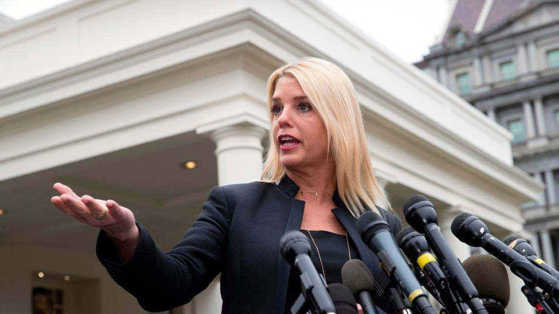Florida Attorney General Pam Bondi speaks to reporters outside the West Wing of the White House in Washington in February 2018 after meeting with President Donald Trump about responses to school shootings. Bondi is preparing to defend Trump against accusations that he pressured a foreign government to aid his re-election campaign.