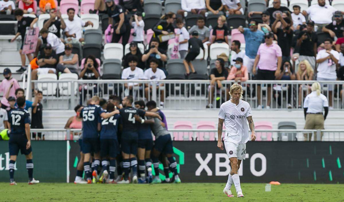 Inter Miami midfielder Brek Shea (20) makes his way down the field as New York City FC players celebrate after scoring a goal during the second half of their MLS soccer match at DRV PNK Stadium on Saturday, October 30, 2021, in Fort Lauderdale, Florida.