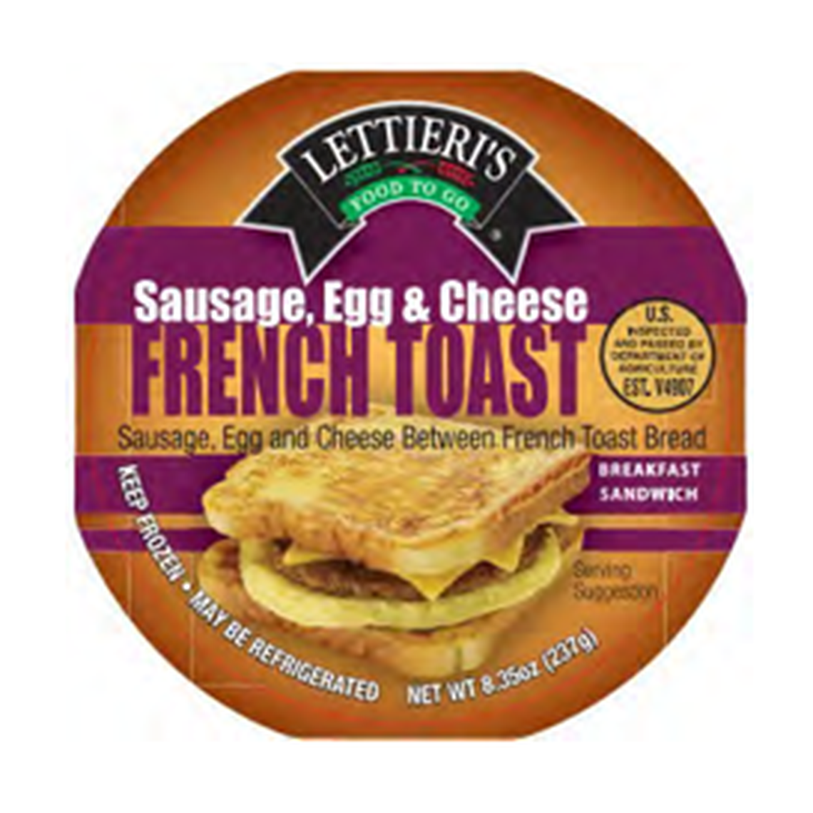 The label for Lettieri’s Food to Go Sausage, Egg & Cheese French Toast breakfast sandwiches