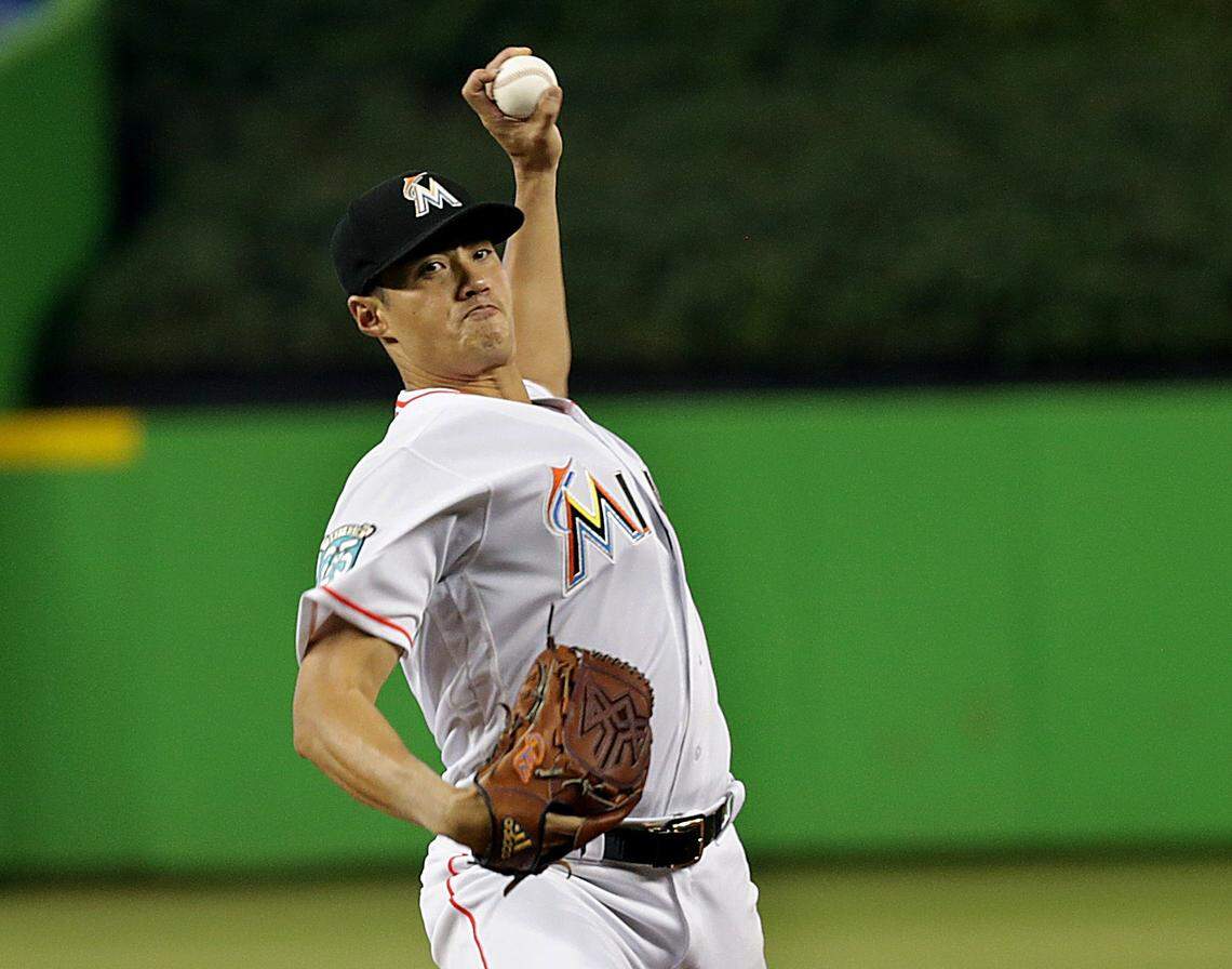 Marlins pitcher Wei-Yin Chen pitches in the second inning of the Miami Marlins vs Atlanta Braves game at Marlins Park, Tuesday, July 24, 2018.