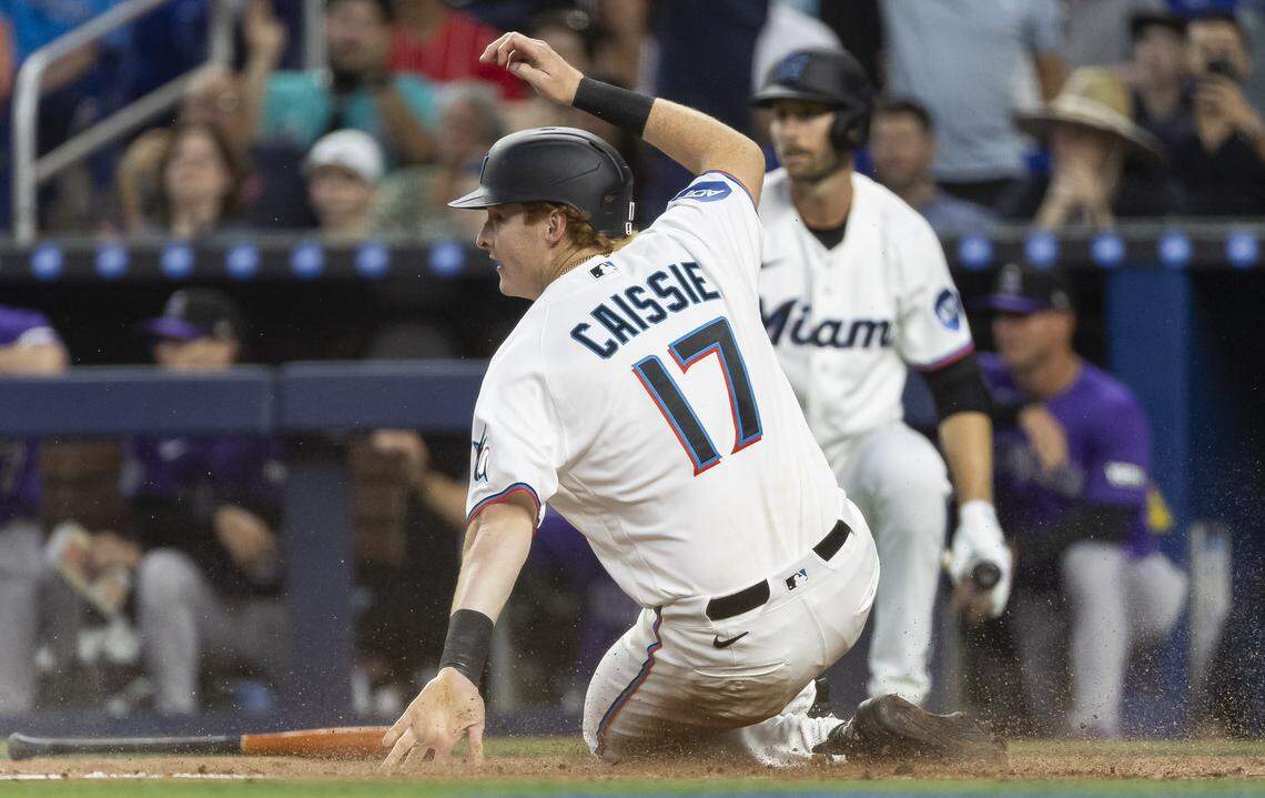 Miami Marlins designated hitter Owen Caissie (17) scores against the Colorado Rockies in the second inning of their MLB game at loanDepot park on Friday, March 27, 2026, in Miami, Fla.