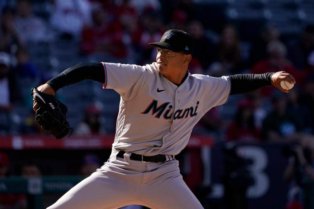 Miami Marlins starting pitcher Jesus Luzardo throws to the plate during the second inning of a baseball game against the Los Angeles Angels Tuesday, April 12, 2022, in Anaheim, Calif. (AP Photo/Mark J. Terrill)
