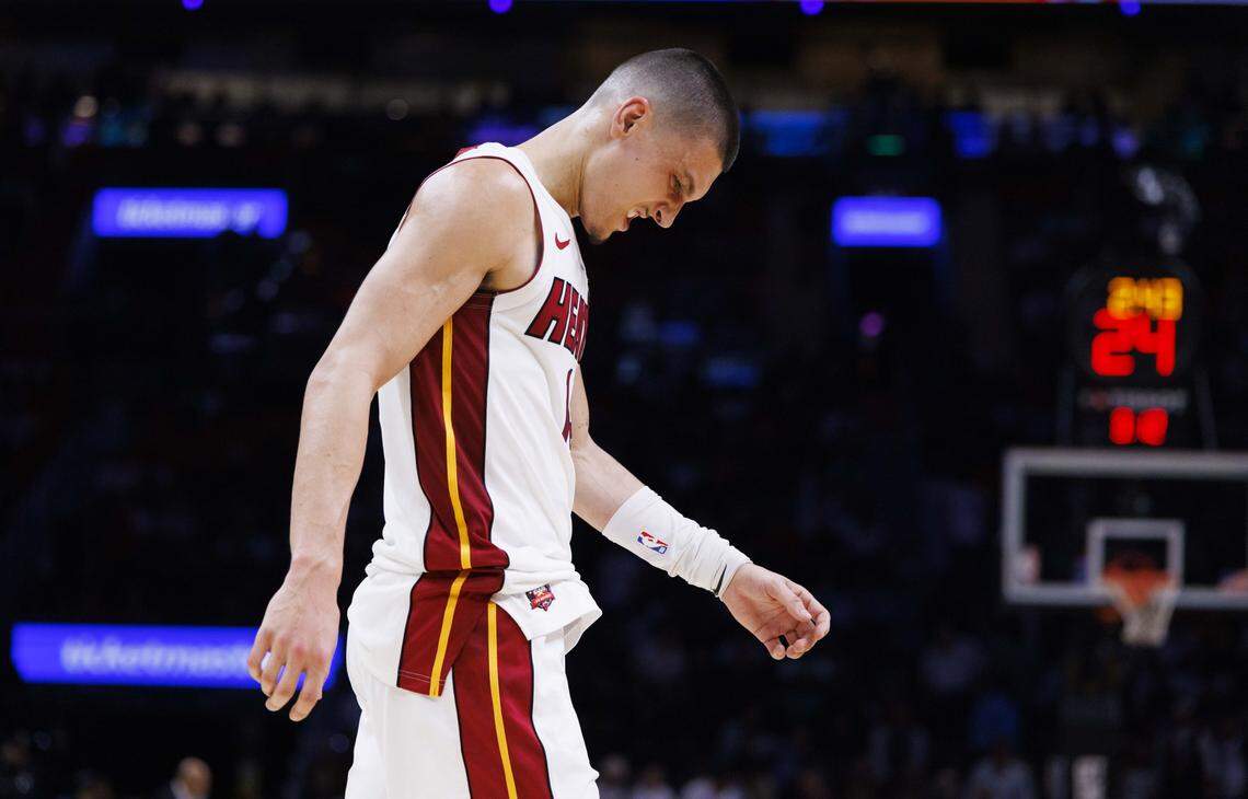 Miami Heat guard Tyler Herro (14) reacts during the second half of a game against the Boston Celtics on Wednesday, April 1, 2026, at the Kaseya Center in downtown Miami, Fla.