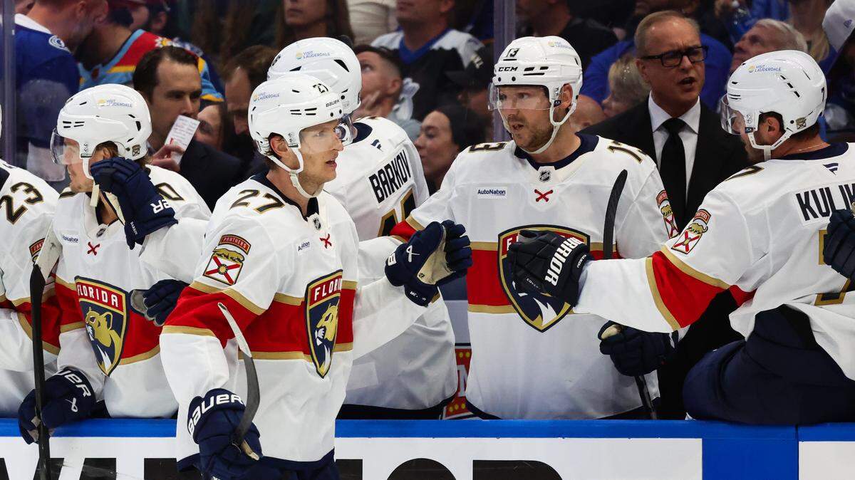 Florida Panthers center Eetu Luostarinen (27) celebrates his goal beating Tampa Bay Lightning goaltender Andrei Vasilevskiy (88) to go ahead 5-3 during third period action in game 5 of the first-round of the Stanley Cup Playoffs set Amalie Arena on Wednesday, April 30, 2025, in Tampa.