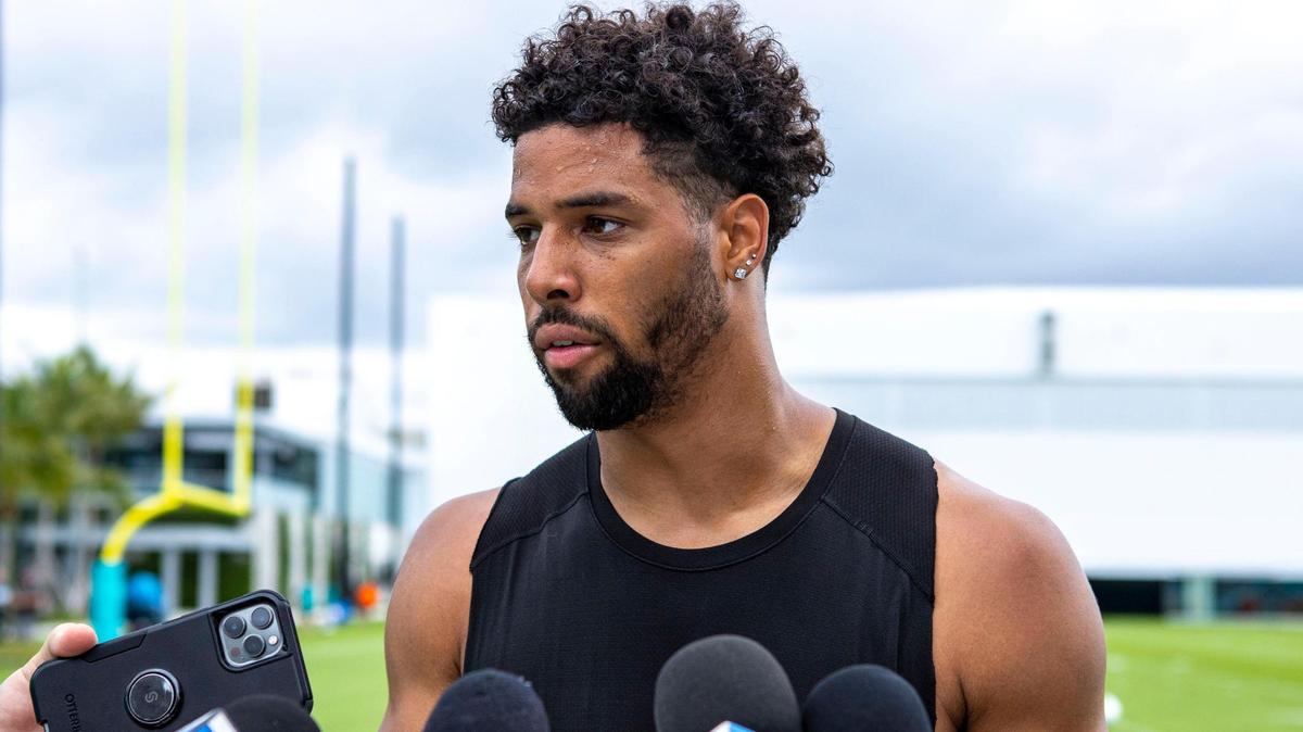 Miami Dolphins safety Brandon Jones (29) speaks to the media on the final day of OTAs at Baptist Health Training Complex in Miami Gardens, Florida, on Tuesday, June 7, 2022.