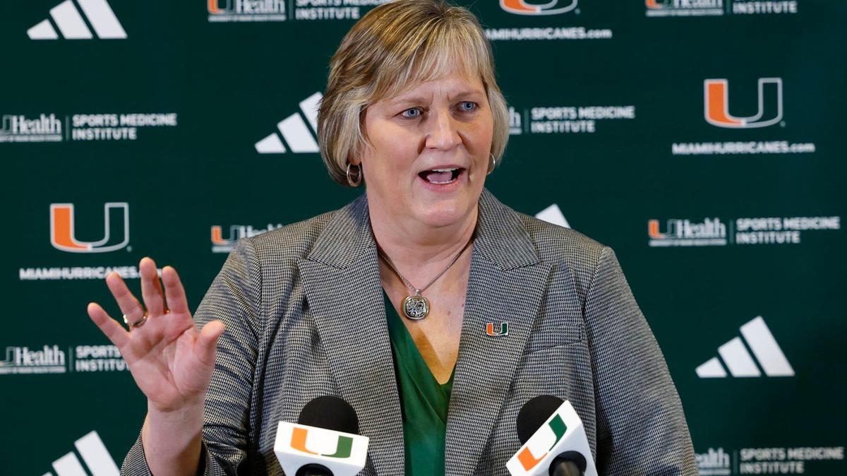University of Miami’s new head women’s basketball coach Tricia Cullop speaks during an introductory press conference on campus at the Mann Auditorium in Coral Gables, Florida on Thursday, April 11, 2024.