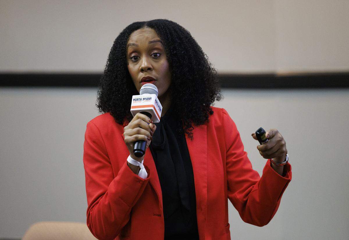 Dr. Alexia Rolle gives a presentation on Alternative Paths to Success during the Teach to Fish Business Summit, on Tuesday, Oct. 14, 2025, at the Kovens Conference Center in North Miami Beach, Fla.