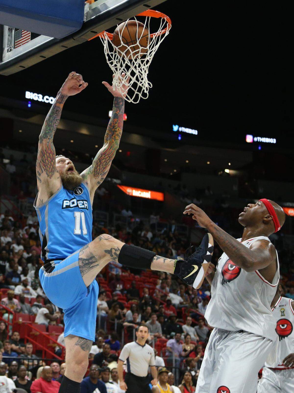 Power’s Chris ‘Birdman’ Andersen (11) dunks the ball during BIG3 basketball at AmericanAirlines Arena on Friday,  July 20, 2018.