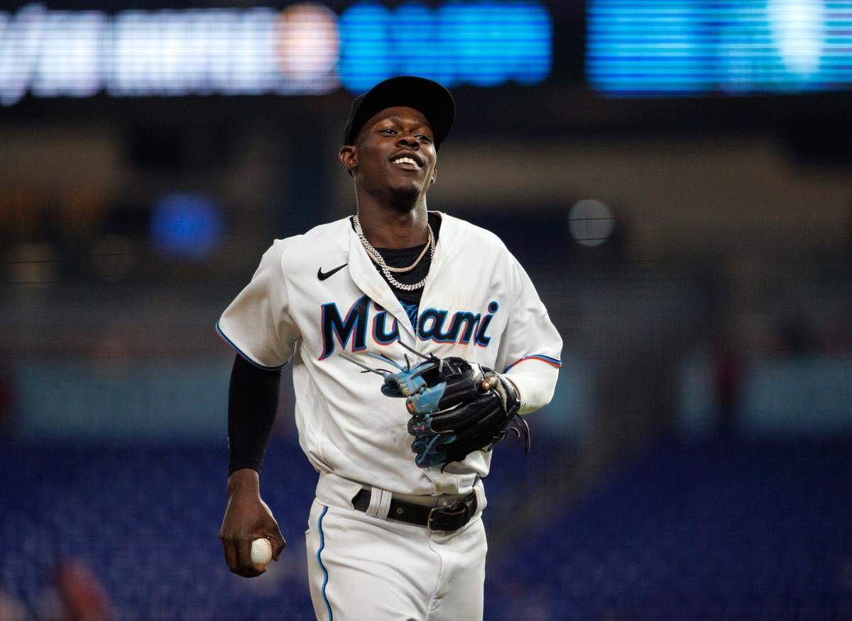 Miami Marlins second baseman Jazz Chisholm Jr. (2) looks on during the fourth inning of the baseball game against the St. Louis Cardinals at LoanDepot Park on Tuesday, April 19, 2022 in Miami, Florida.
