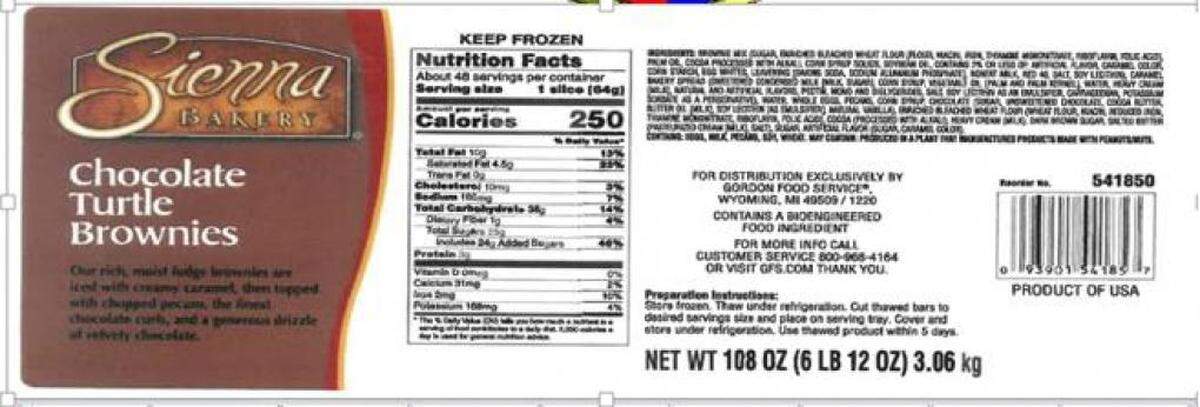 The label for recalled Sienna Chocolate Turtle Brownies, which were inserted in trays labeled as Chocolate Decadent Brownies