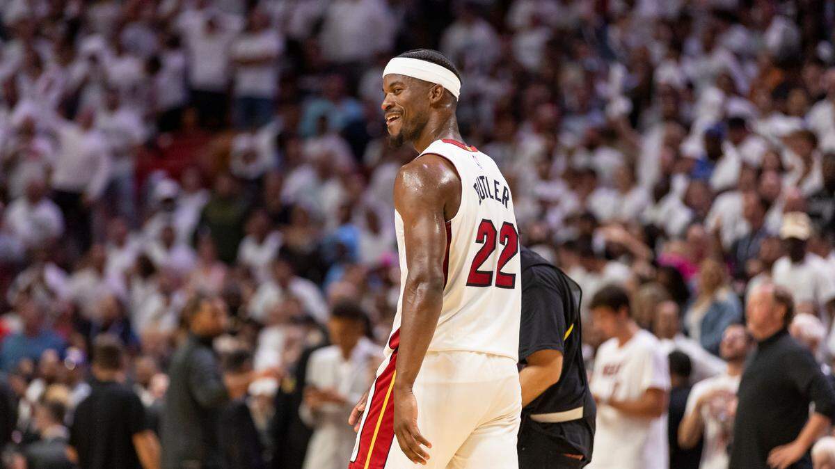 Miami Heat forward Jimmy Butler (22) reacts on the court against the Milwaukee Bucks during the fourth quarter of Game 4 in the first-round NBA basketball playoff series at Kaseya Center on Monday, April 24, 2023, in downtown Miami, Fla.