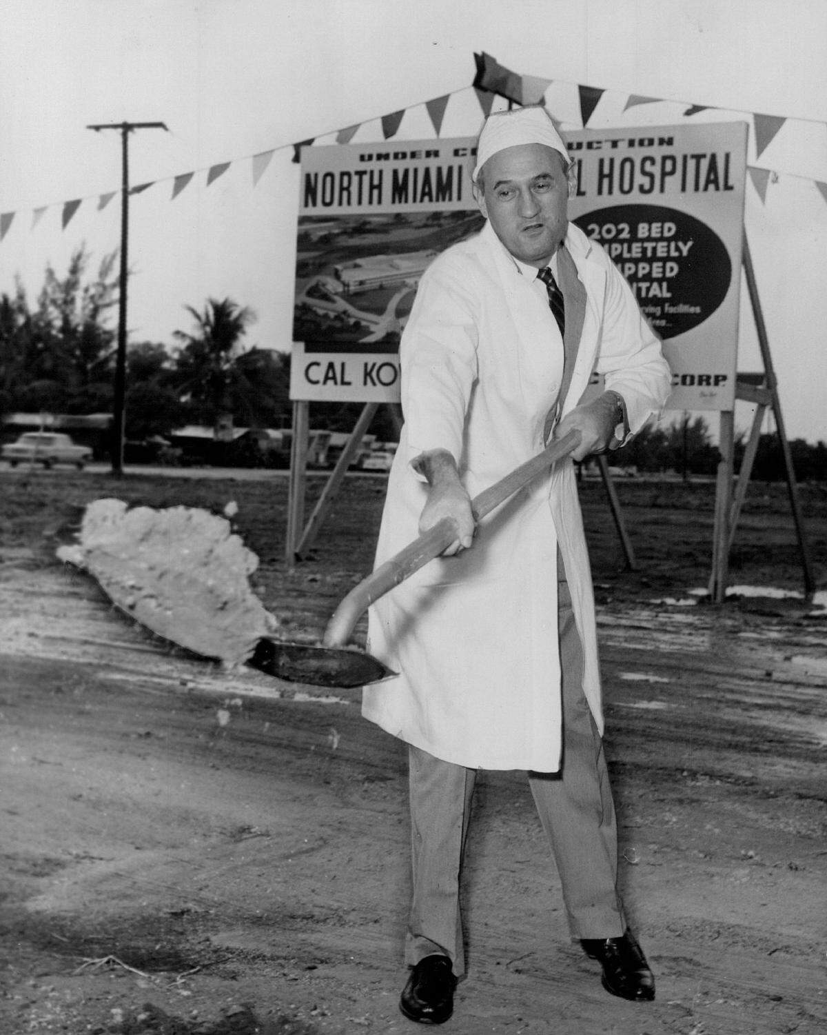 Groundbreaking for the future North Miami General Hospital on Northeast 127th Street between Biscayne Boulevard. and 16th Avenue. Dr. Franklin J. Evans, president of the Dade County Medical Association, scooped out the first shovelful of earth. The 202-bed hospital cost $4 million.