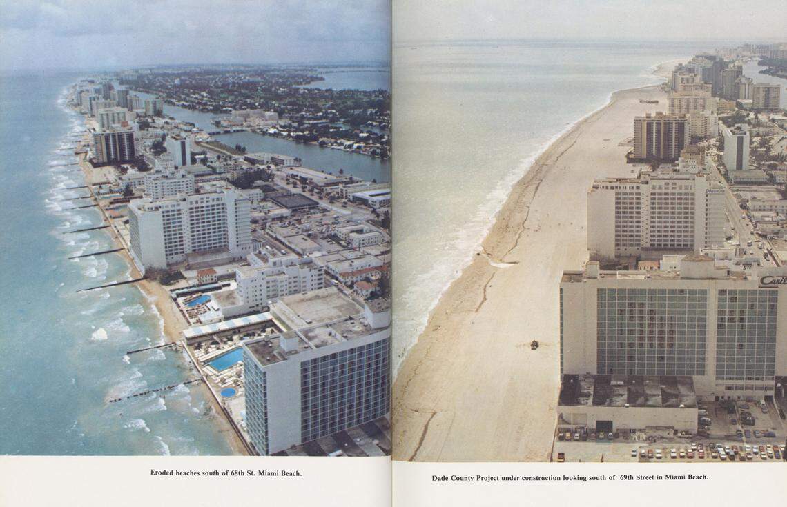 Excerpts from a publication by the U.S. Army Corps of Engineers from 1981 regarding beach erosion projects. The right shows the beach after restoration, an undertaking that costs millions of dollars. 