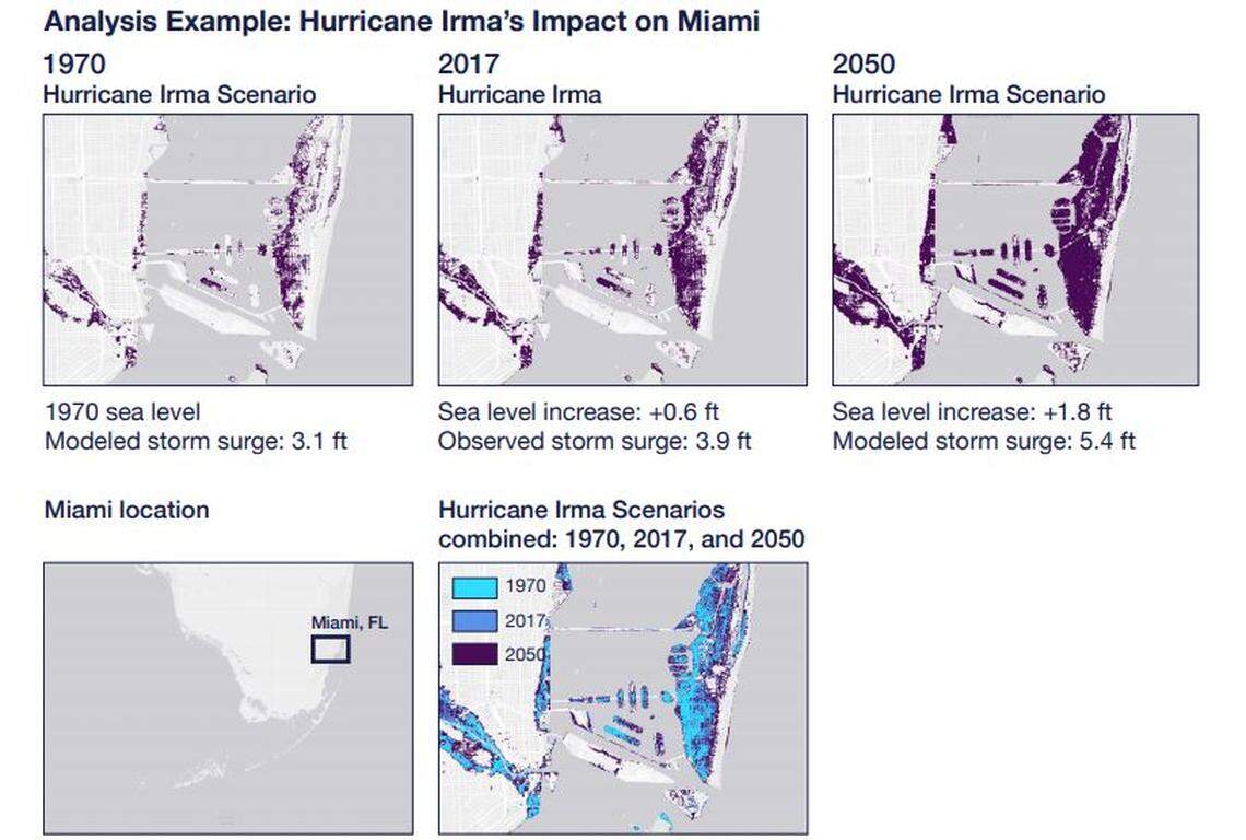 An analysis by First Street Foundation shows what impact storm surge would have on Miami under three different scenarios of sea level rise.