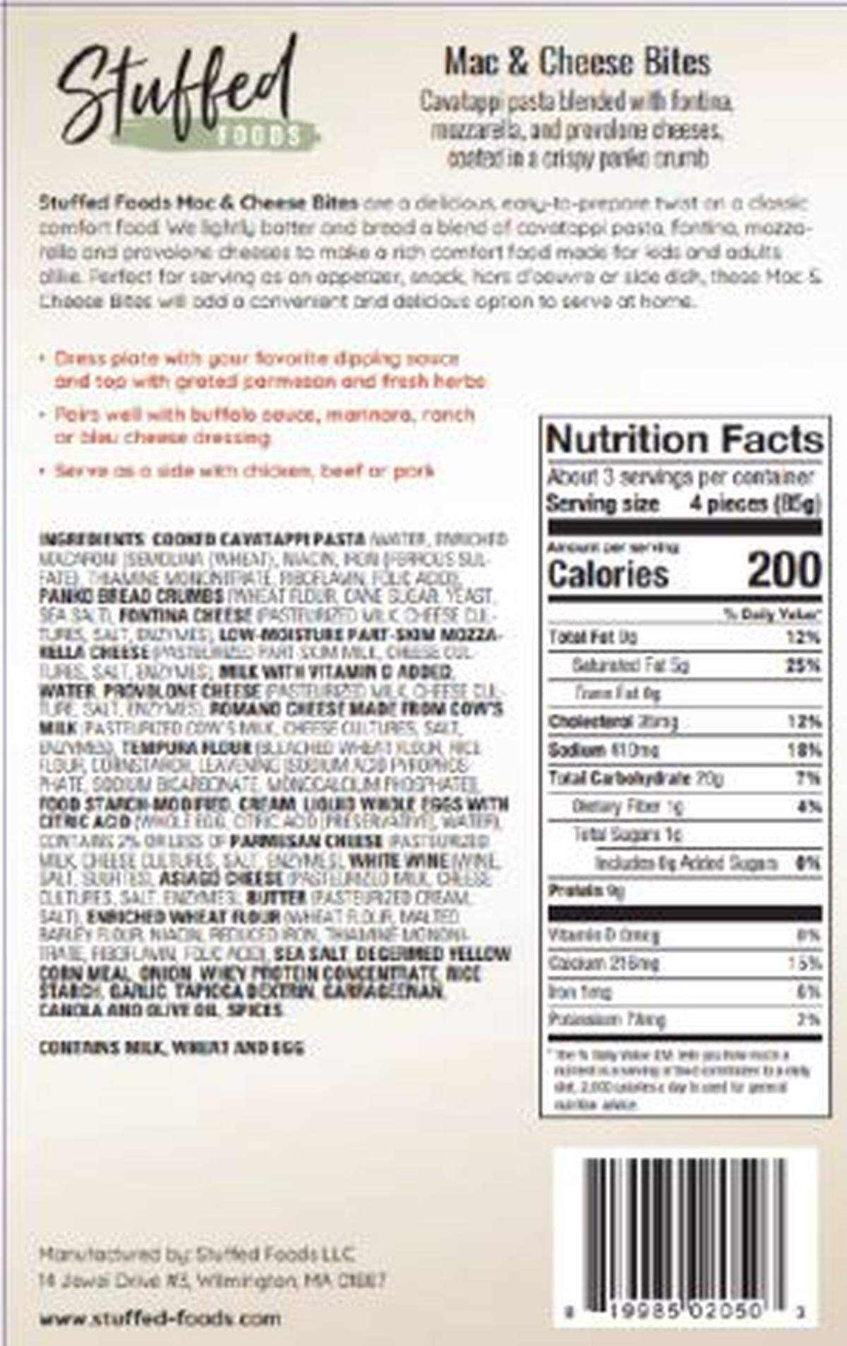 If Stuffed Foods Buffalo Style Chicken Poppers are in the box, soy becomes an undeclared allergen on this ingredients list for Mac & Cheese Bites.