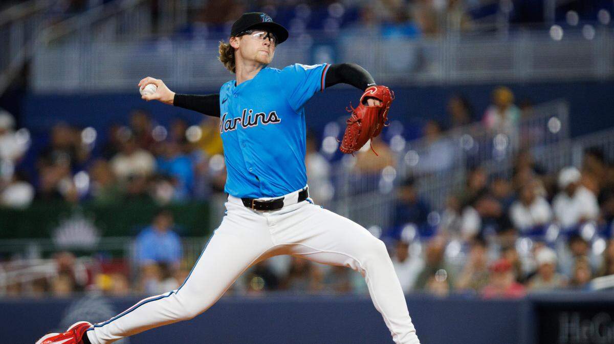 Miami Marlins starting pitcher Max Meyer (23) pitches during the first inning of a baseball game on Sunday, Aug. 11, 2024, at loanDepot Park in Miami.