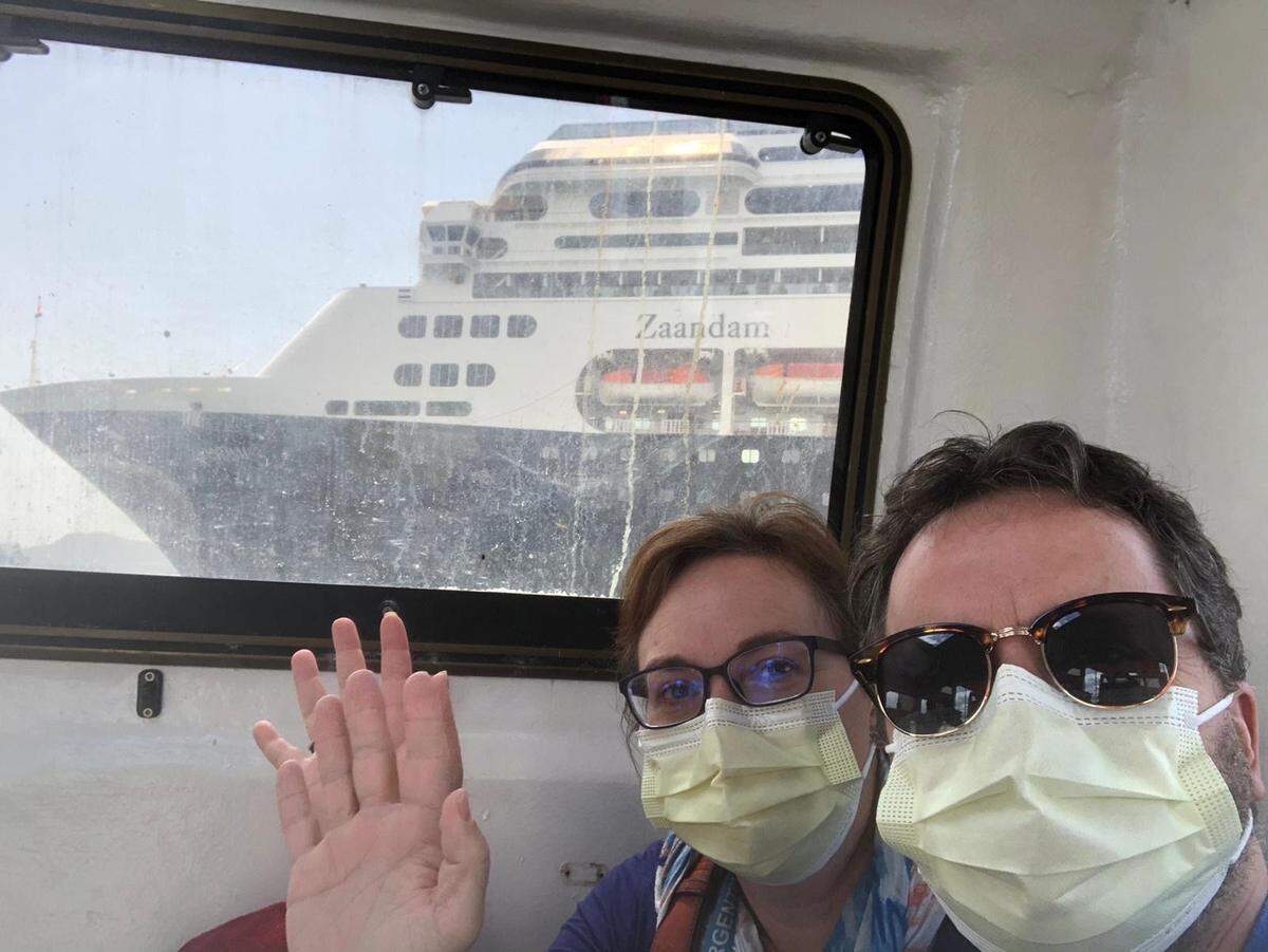 South Florida natives Laura Gabaroni Huergo and Juan Huergo, now residents of Oviedo, Fla., stranded at sea in their cabin during the coronavirus crisis after being transferred from the Holland America Zaandam cruise ship to the Rotterdam on March 28, 2020.