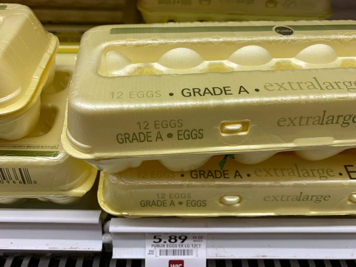 A 12-count carton of Publix Grade A, extra large eggs sold for $5.89 at the Kendall Palms at Town & Country Mall store on Jan. 12, 2023.