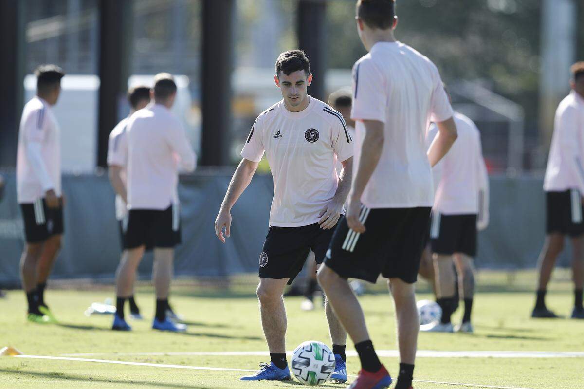 Inter Miami CF player Dylan Nealis run drills during an MLS soccer practice Tuesday, Jan. 21, 2020, in Miami Shores, Fla. (AP Photo/Brynn Anderson)