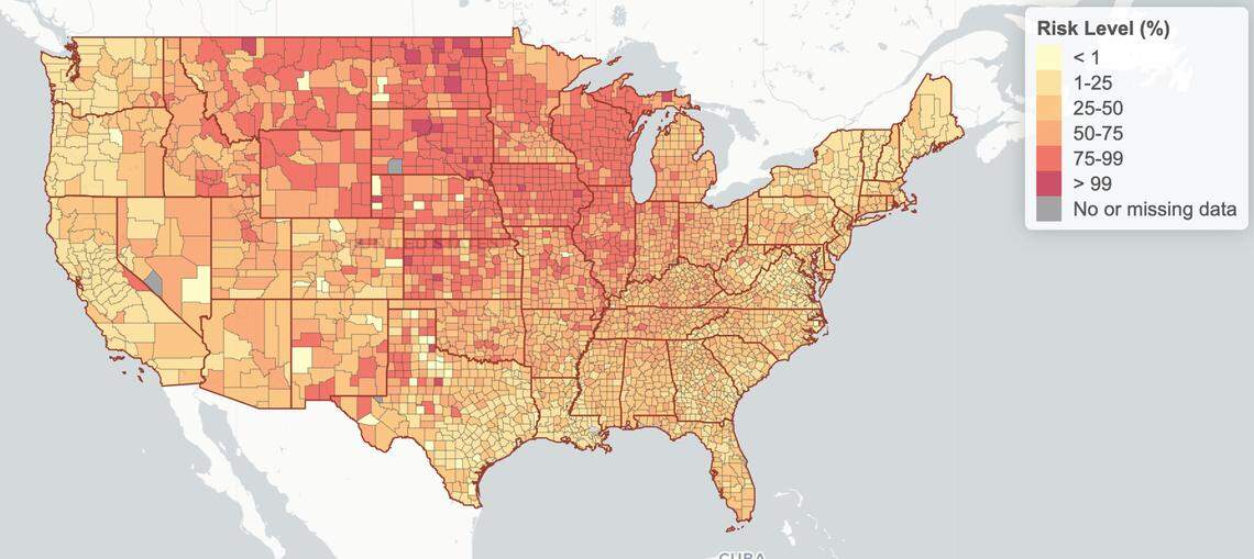 Screen shot of an interactive map developed by researchers at the Georgia Institute of Technology that shows how risky it is to gather in groups during the coronavirus pandemic in each U.S. county.