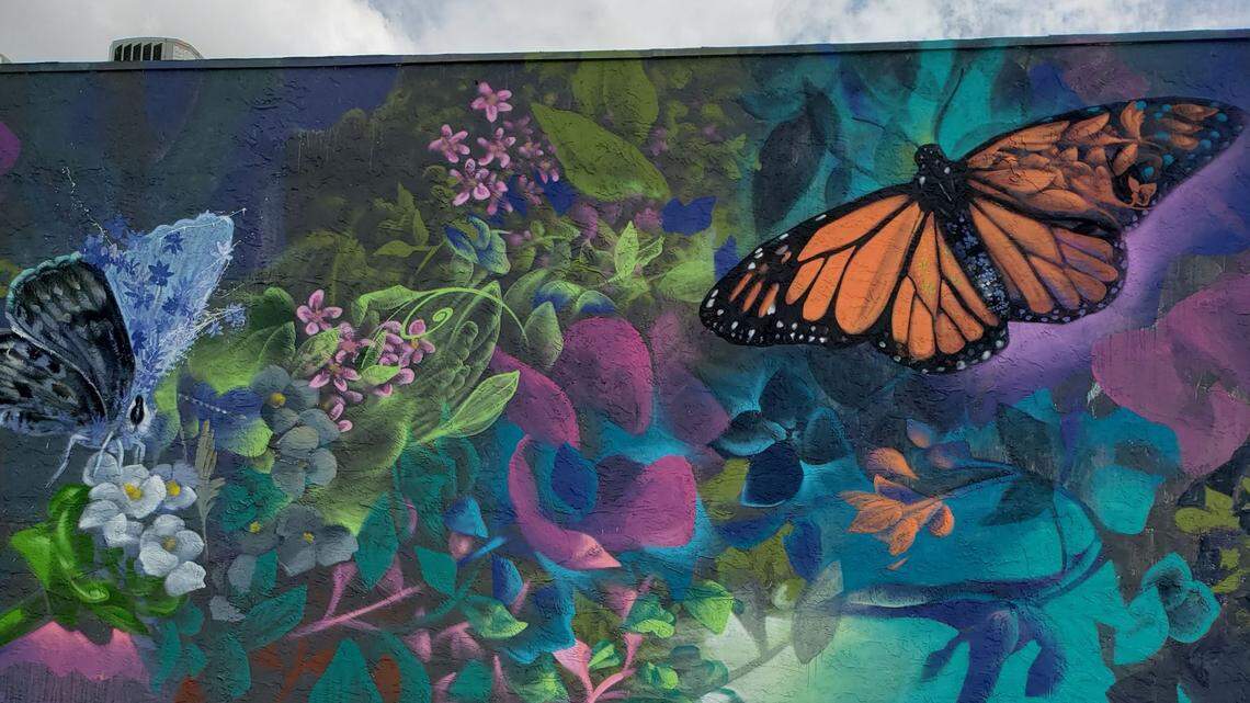 The new Liberty Gardens Park mural, by Miami-based artist Ernesto Maranje, touches on themes of restoring the native tree and plant habitats that nurture and allow birds, butterflies, bees, bats and other wildlife to thrive.