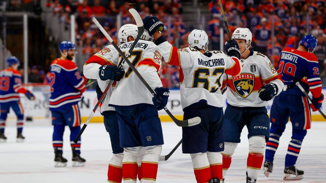 Jun 14, 2025; Edmonton, Alberta, CAN; Florida Panthers celebrate forward Eetu Luostarinen (27) goal during the third period against the Edmonton Oilers in game five of the 2025 Stanley Cup Final at Rogers Place. Mandatory Credit: Perry Nelson-Imagn Images
