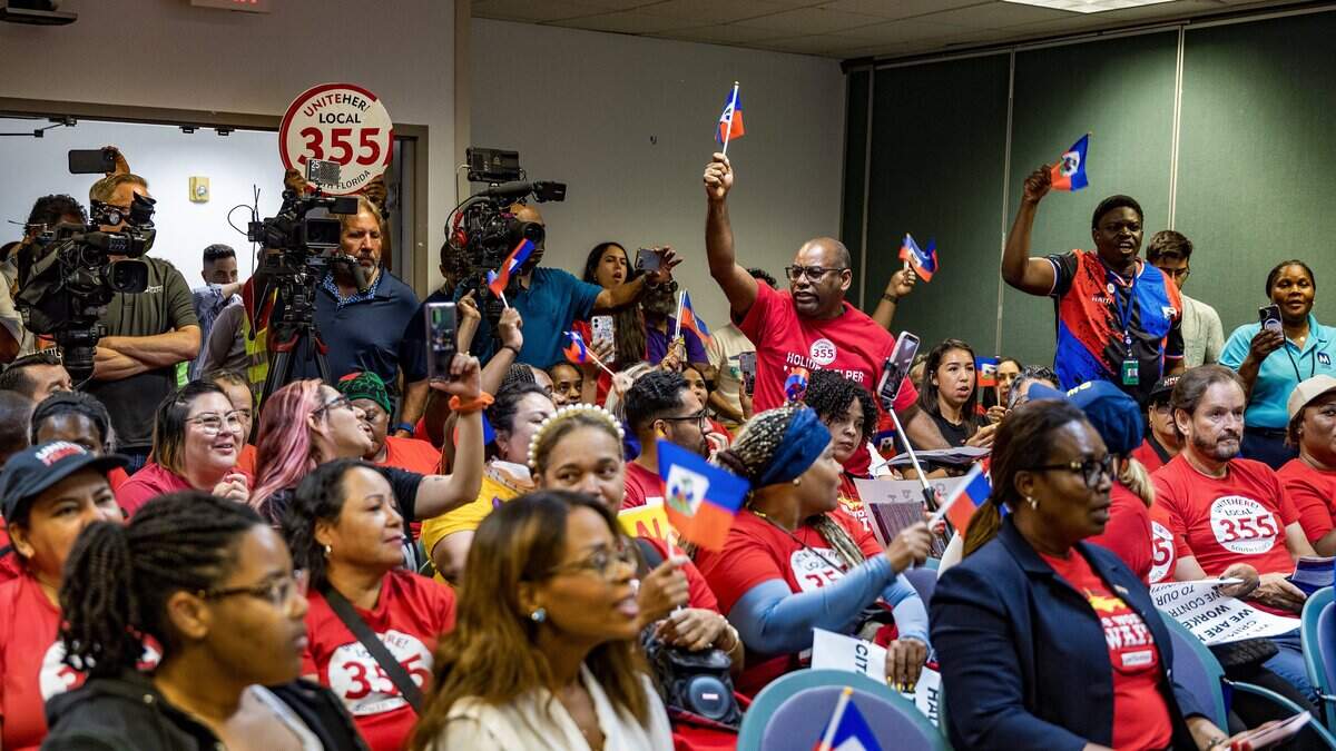 Airport and hotel food and beverage workers with the UNITE HERE Local 355 union, held a press conference at Fort Lauderdale-Hollywood International Airport (FLL) demanding an extension of Temporary Protected Status (TPS) for Haitians, on Friday July 10, 2026.