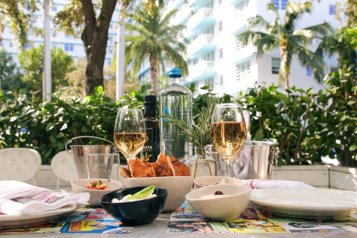 The outside patio at Bakalo Aegean Bistro on West Avenue in Miami Beach.