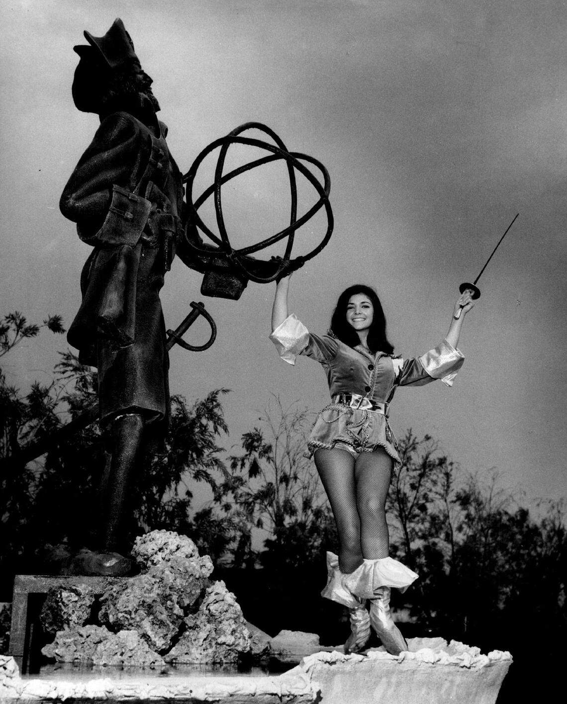 Sonja Economu, an 18-year-old Broward College student from Plantation holds the title of “Miss Pirates World” and salutes the opening of the amusement park’s winter season in 1967.