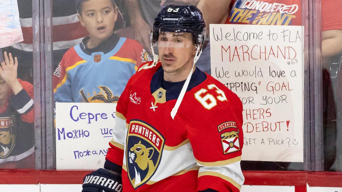 Florida Panthers center Brad Marchand (63) warms up before the start of his NHL game against the Utah Hockey Club at Amerant Bank Arena on Friday, March 28, 2025, in Sunrise, Fla.