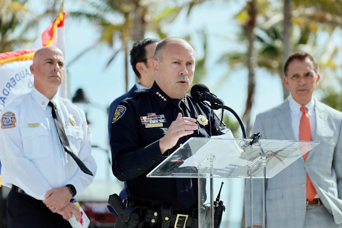 Police Chief William Schultz speaks during Fort Lauderdale’s annual spring break news conference on Fort Lauderdale Beach on Friday, March 1, 2024. (Amy Beth Bennett / South Florida Sun Sentinel)