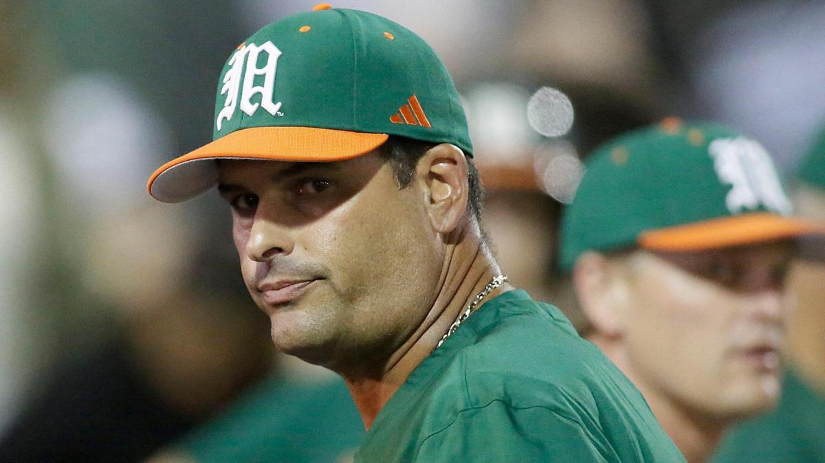 Miami Hurricanes baseball head coach J.D. Arteaga during the game against Florida State Seminoles on Saturday, March 22, 2025 at Alex Rodriguez Park at Mark Field in Coral Gables.